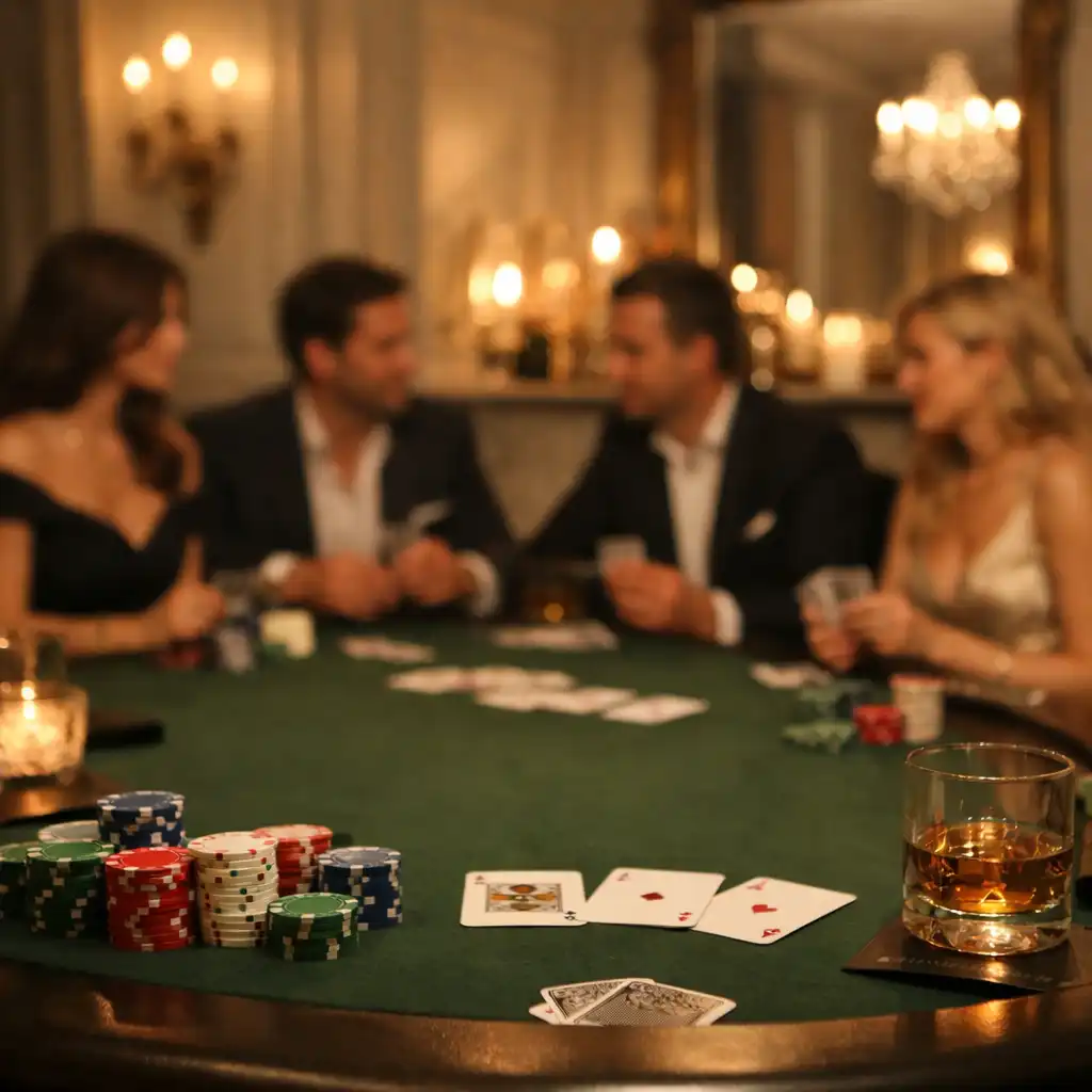 Ambiance feutrée d’une soirée poker élégante avec des invités autour d’une table de poker dans un intérieur parisien
