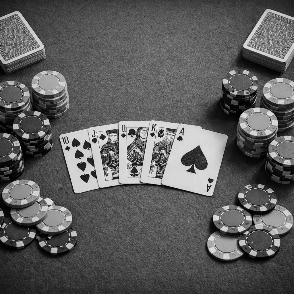 Table de poker vue de dessus, tapis vert feutre, jetons en argile et cartes à jouer étalées