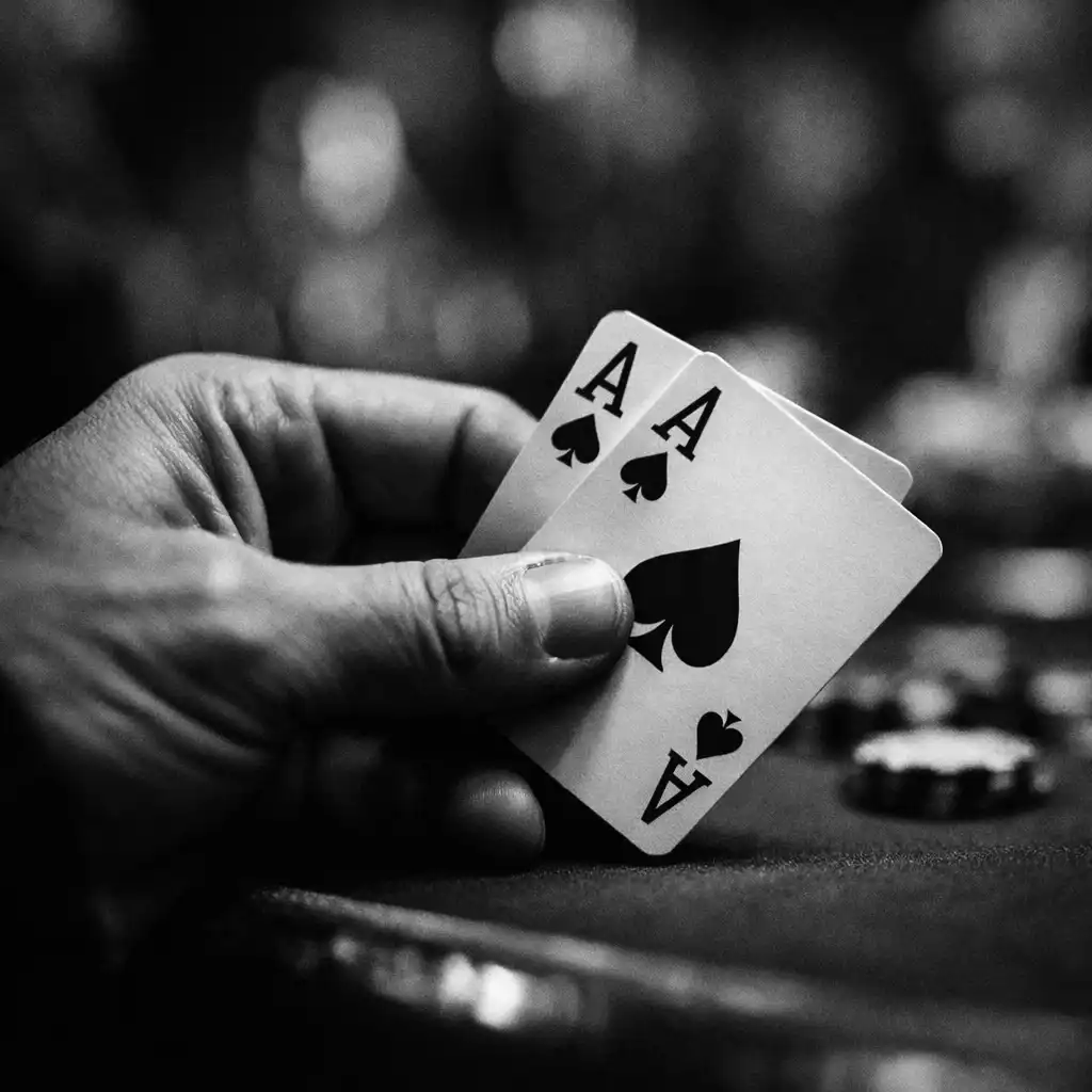 Détail d’une main tenant des cartes à jouer, ambiance feutrée avec table de poker en arrière-plan flou