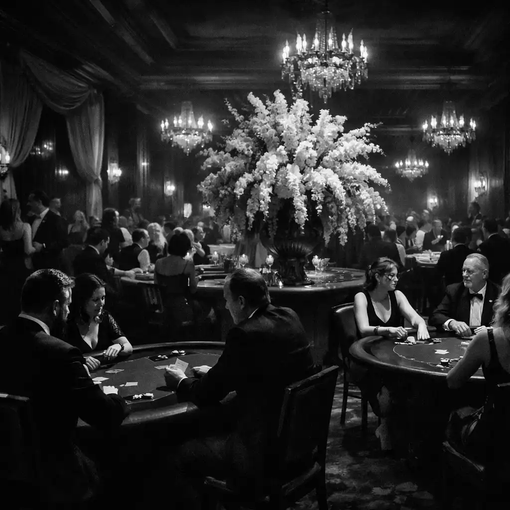 Vue d’ensemble d’une salle de réception privée avec plusieurs tables de poker et une décoration florale sculpturale