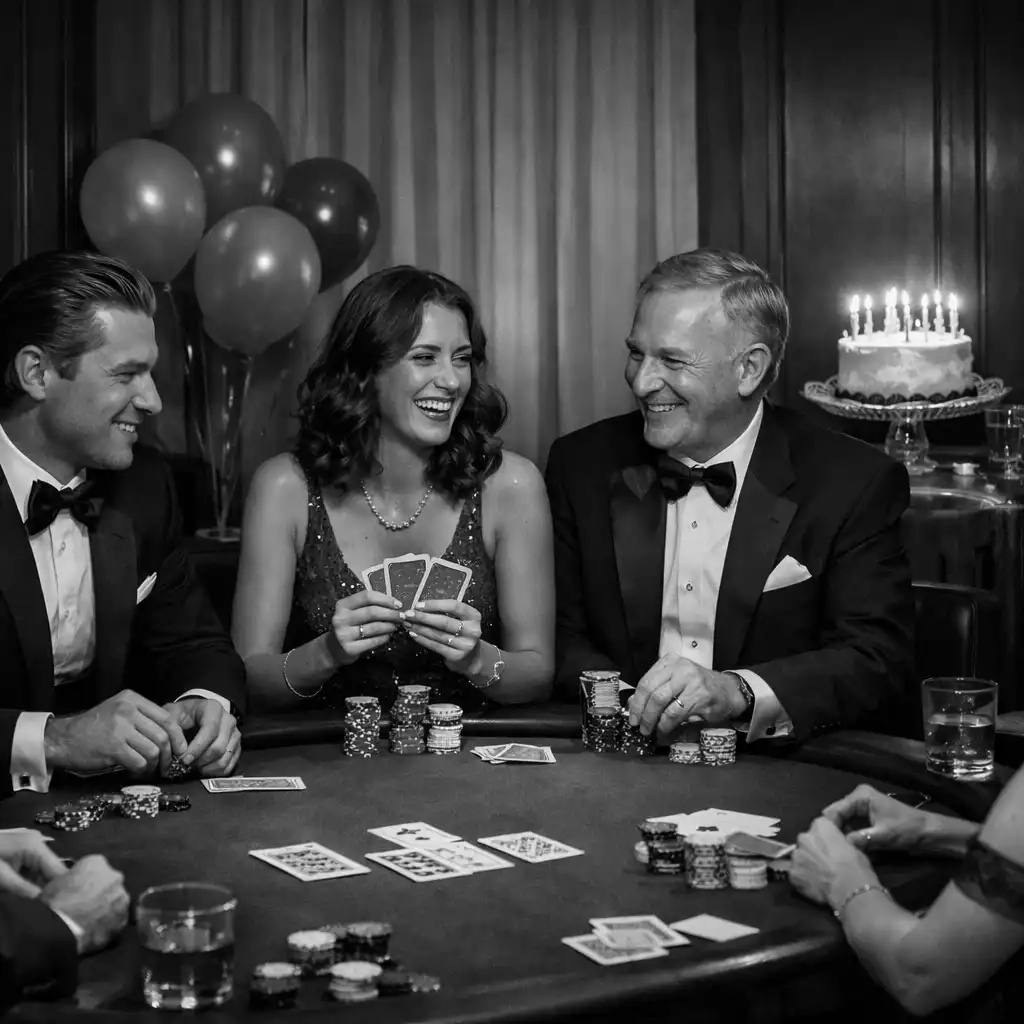 Invités souriants autour d’une table de poker lors d’un anniversaire élégant