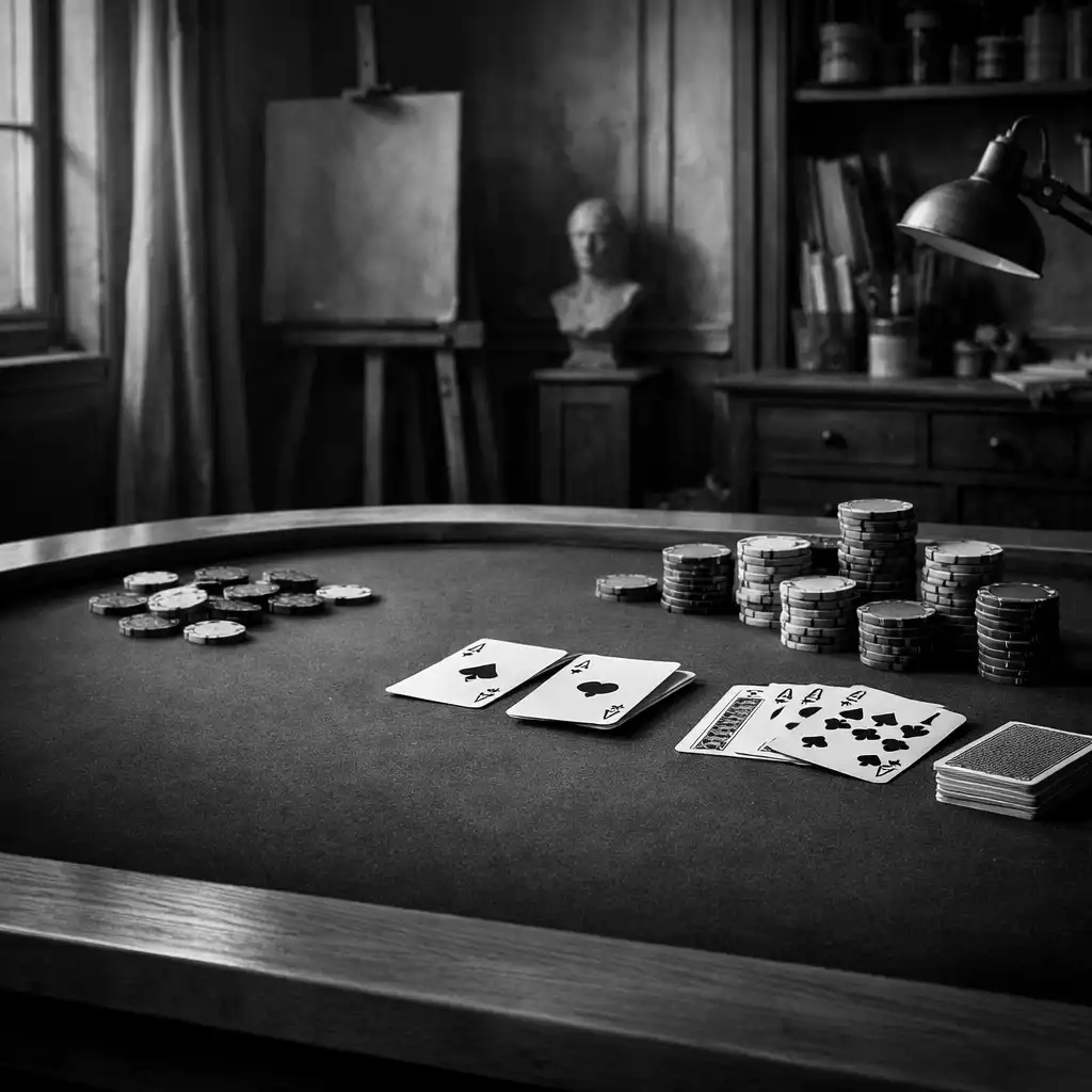 Table de poker élégante dans un atelier parisien, avec tapis vert feutre, jetons en argile et cartes à jouer, éclairage doux et directionnel
