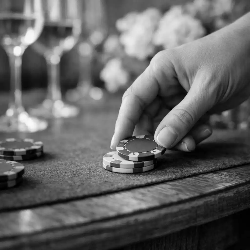 Détail d’une main posant un jeton sur une table lors d’une célébration privée