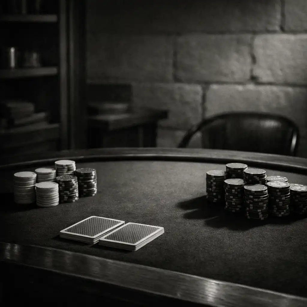 Table de poker élégante en bois sombre avec jetons en céramique et cartes à jouer, dans un atelier parisien feutré