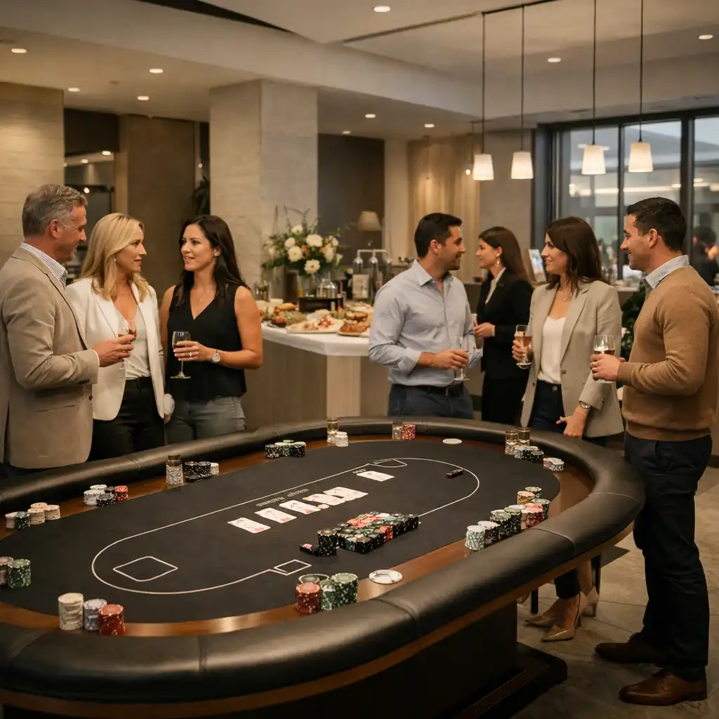 Réception d’entreprise avec une table de poker élégante au centre d’un espace moderne