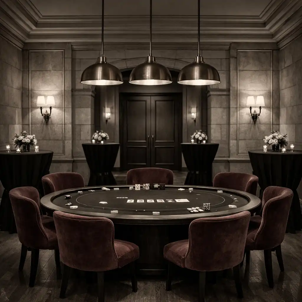 Salle de réception élégante avec table de poker en bois sombre et chaises en velours bordeaux, compositions florales discrètes