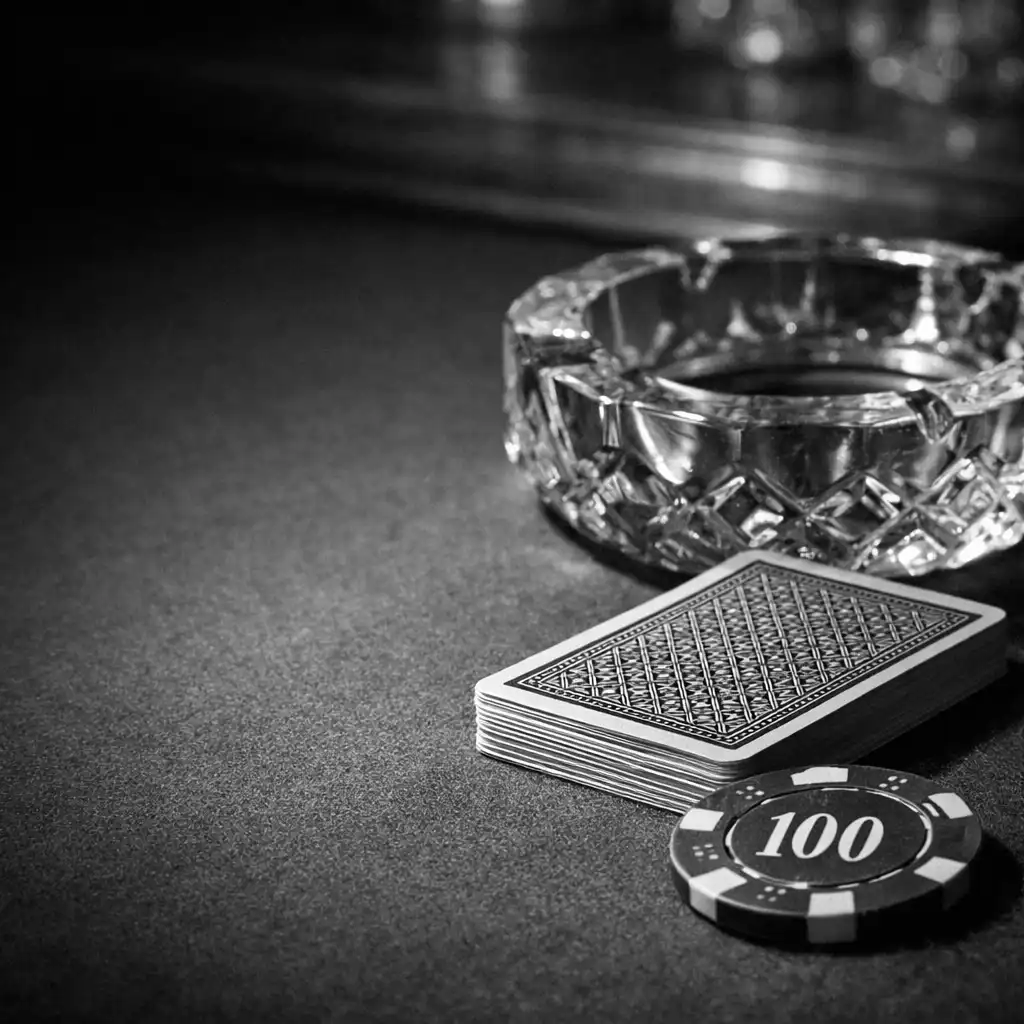 Détail de table de poker avec cendrier en cristal, jeu de cartes à motif géométrique et jeton en céramique bordeaux sur tapis vert
