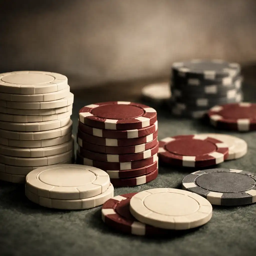 Gros plan sur des jetons de poker en argile empilés sur un tapis de feutre, tons ivoire, gris et bordeaux