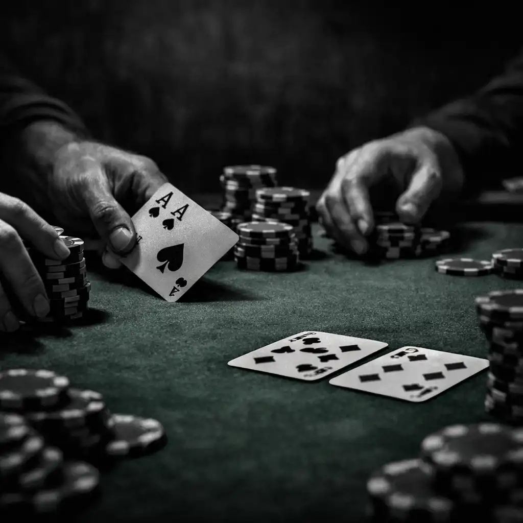 Gros plan sur des mains de joueurs autour d'une table de poker en feutre vert avec jetons en céramique et cartes à jouer