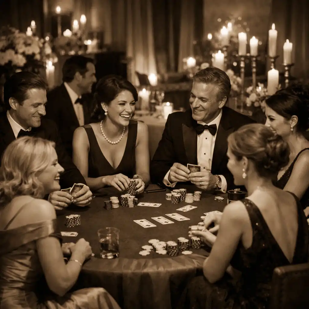 Vue d'ensemble d'une soirée thématique élégante avec des invités autour d'une table de poker, décoration sobre et éclairage chaleureux