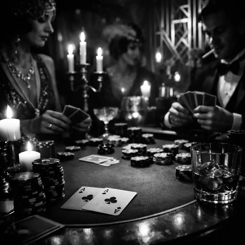Table de poker éclairée par des bougies dans une soirée thématique Art déco