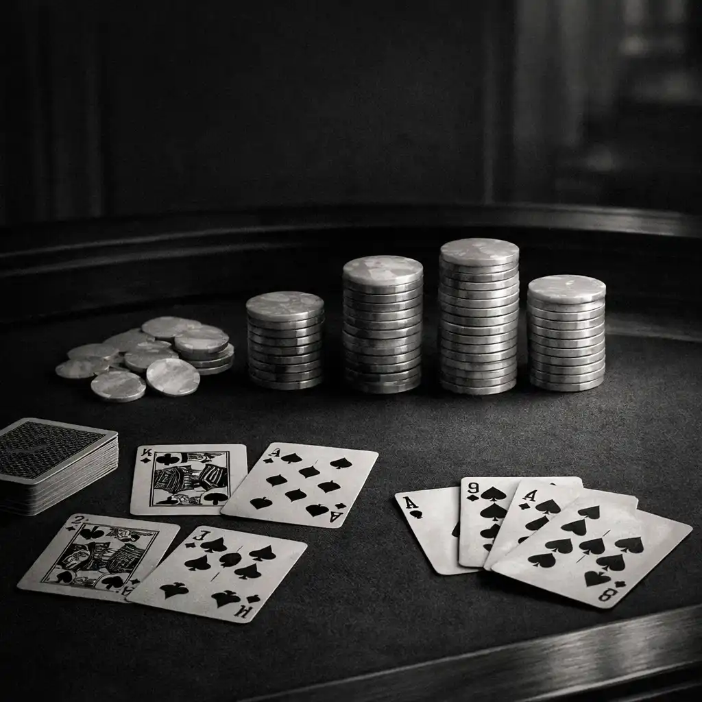 Table de poker en bois sombre avec jetons en nacre et cartes à jouer, ambiance feutrée et sophistiquée