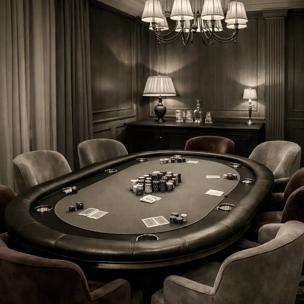 Table de poker ovale dans une salle élégante avec chaises en velours et éclairage tamisé