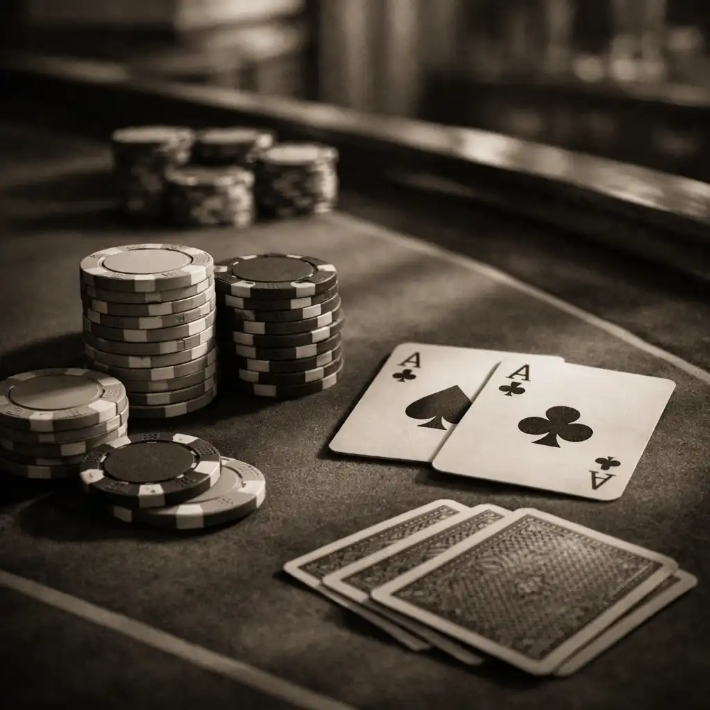 Gros plan sur une table de poker en feutre vert avec des jetons en argile et des cartes, éclairage doux et latéral