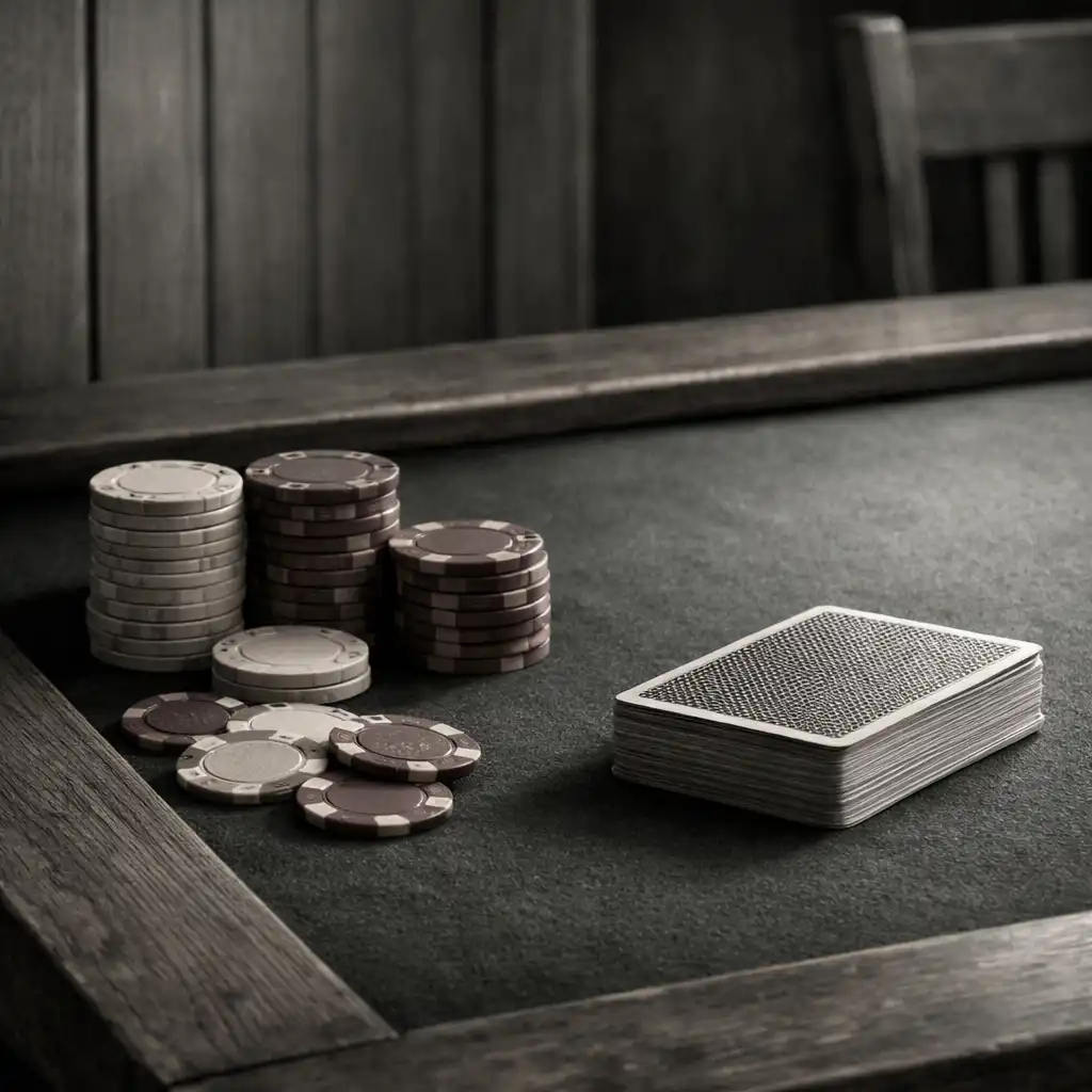 Table de poker en bois massif avec feutre, jetons en céramique et jeu de cartes, cadrage serré sur les matières