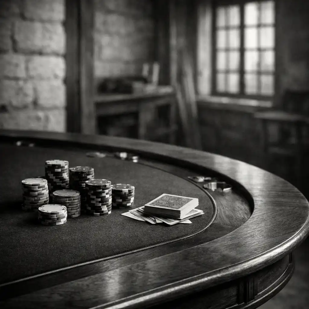 Table de poker en bois massif préparée avec jetons et cartes, dans un atelier parisien lumineux