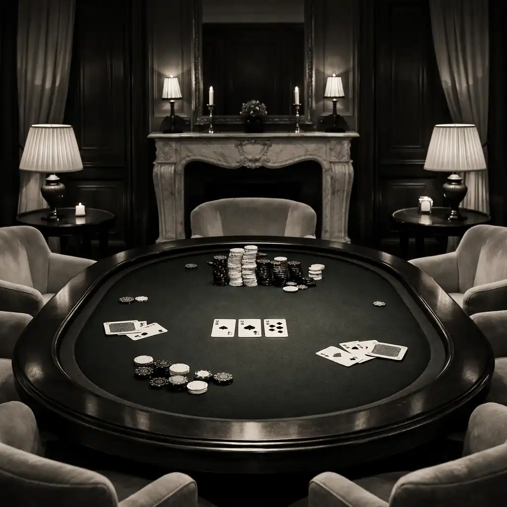 Table de poker élégante installée dans un salon privé parisien avec fauteuils en velours et éclairage tamisé