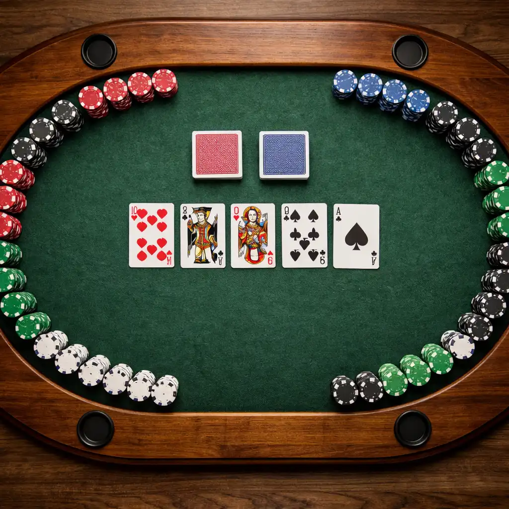 Vue de dessus d’une table de poker ovale en bois avec jetons et cartes