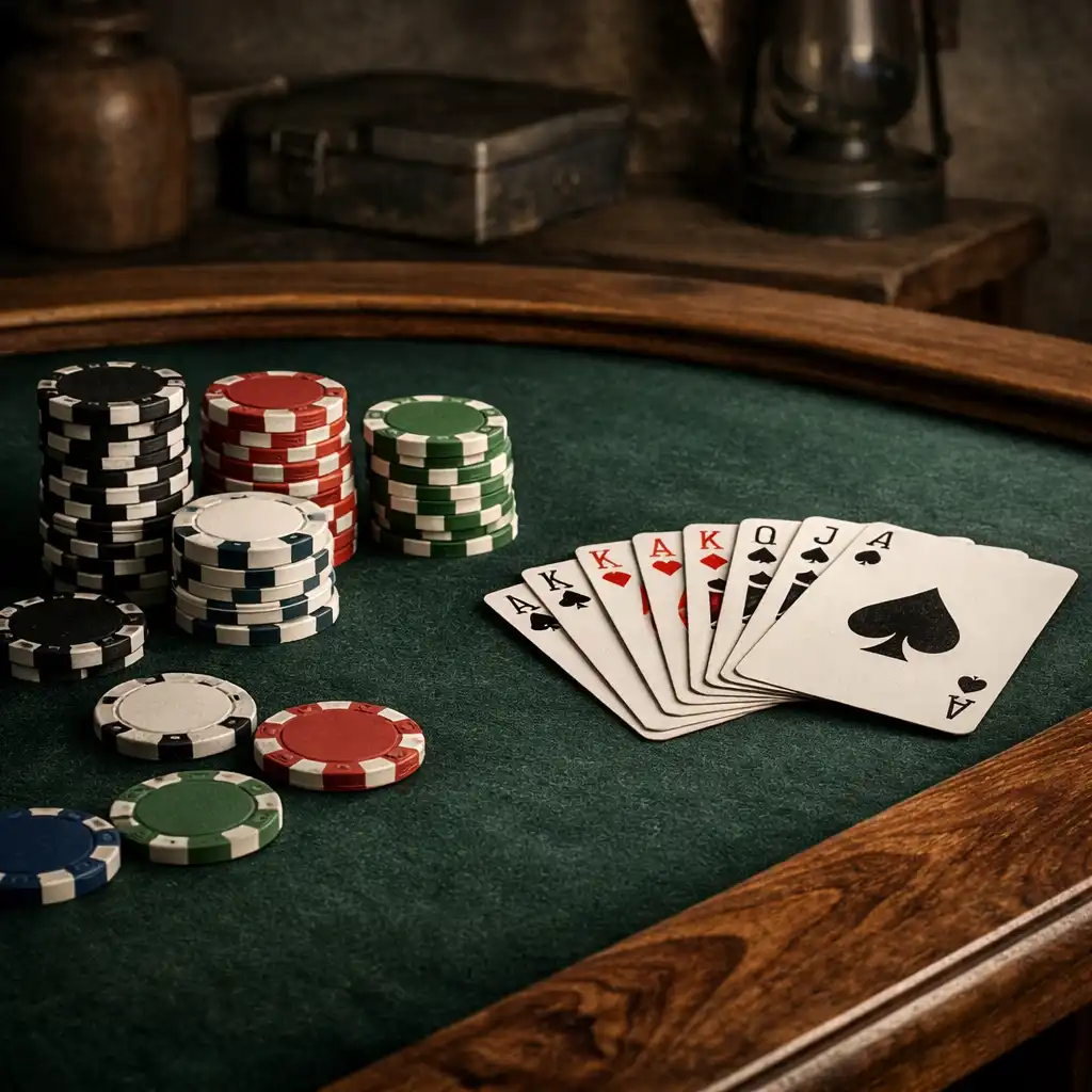 Table de tournoi de poker en bois avec tapis feutre et jetons