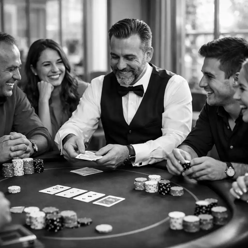 Collègues riant et interagissant autour d’une table de poker lors d’un team building