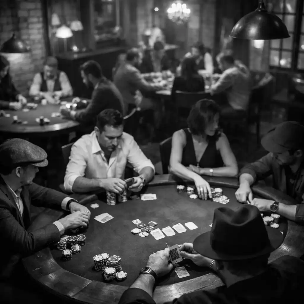 Tournoi de poker en cours dans un loft parisien, tables rondes et joueurs concentrés
